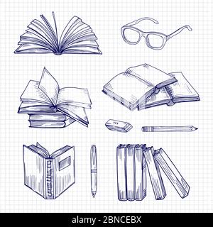 Croquis et papeterie. Collection vintage de vecteur doodle de bibliothèque. Illustration du papier, du stylo et des lunettes pour livre de papeterie et bloc-notes Illustration de Vecteur