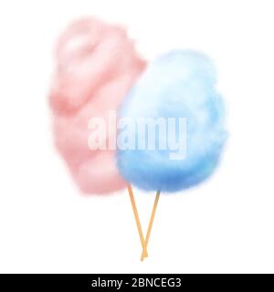 Bonbons en coton rose et bleu réalistes avec illustration vectorielle en bâton. Sucre dessert snack, nuage de coton sucrerie Illustration de Vecteur