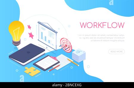 Concept de flux de travail - bannière web isométrique moderne et colorée Illustration de Vecteur