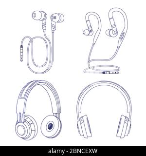 Écouteurs et écouteurs isolés sur fond blanc. Illustration de l'écoute stéréo de gadget linéaire de casque Illustration de Vecteur