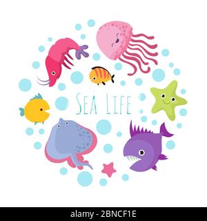 Mignon dessin animé de la vie marine animaux isolés sur fond blanc. Illustration de l'animal marin, poisson marin Illustration de Vecteur