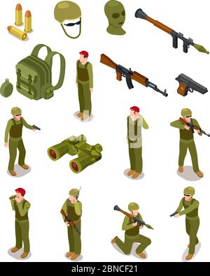 Soldats isométriques. Forces militaires spéciales, guerriers en uniforme, munitions et armes. ensemble de vecteurs isolés 3d. Illustration d'un militaire isométrique soldat et d'une arme Illustration de Vecteur