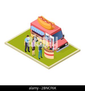 Promo hot dog et dégustation de bière et camion de restauration rapide illustration vectorielle isométrique. Dégustation de hot dog et de bière et promotion Illustration de Vecteur