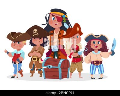 Équipe de pirates et vecteur coffre Trésor isolé sur fond blanc. Équipe de pirate, personnage buccaneer avec illustration de la poitrine Illustration de Vecteur