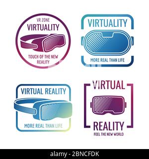 Logos de casque de réalité virtuelle futuriste couleur. Lunettes VR, étiquettes vectorielles montées sur la tête. Illustration du casque virtuel, casque pour vr Illustration de Vecteur