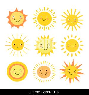 Emoji soleil. Drôle soleil d'été, émoticônes de matin heureux de bébé de soleil. Caricature visage souriant ensoleillé icônes vectorielles. Illustration de la chaleur du soleil, de l'emoji et de la mascotte des émotions Illustration de Vecteur