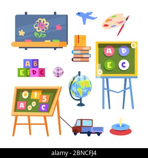 Jouets et bureaux pour enfants Vector isolés sur fond blanc. Illustration du jouet pour enfants, chambre pour enfants avec tableau noir Illustration de Vecteur