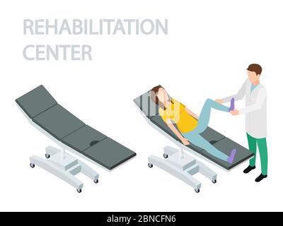 Physiothérapeute et patient de réadaptation. Vider la table et la table avec un vecteur isométrique du patient. Réadaptation de physiothérapeute, illustration de physiothérapie de patient Illustration de Vecteur