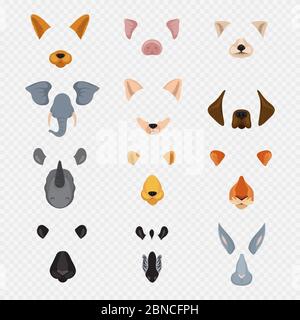 Vidéo mobile chat visages animaux. Masques d'animaux de dessin animé isolés sur fond transparent. Illustration de lapin et zébré à visage vectoriel, lièvre et tigre Illustration de Vecteur