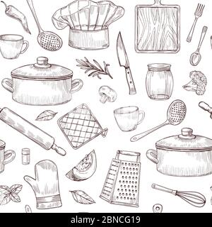 Outils de cuisine modèle sans couture. Croquis ustensiles de cuisine plats dessinés à la main. Fond vectoriel gravé d'éléments de cuisine. Matériel de cuisine, accessoire de batterie de cuisine, une casserole et une cuillère illustration Illustration de Vecteur