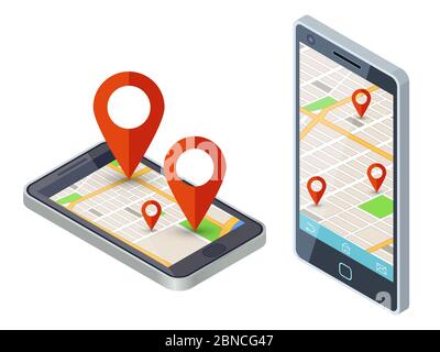 Conception vectorielle de l'application de carte de ville mobile isométrique. Illustration de la carte de la ville de navigation sur le smartphone Illustration de Vecteur
