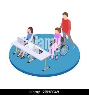 Socialisation et éducation des personnes handicapées concept de vecteur isométrique. Illustration de la femme d'éducation avec un handicap médical Illustration de Vecteur