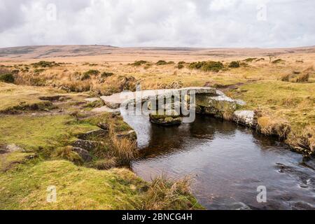 Pont de Clapper avec un seul quai, au-dessus de la rivière North Teign sur Scorhill, près du cercle de pierres de Scorhill. Parc national de Dartmoor, Devon, Angleterre, Royaume-Uni. Banque D'Images