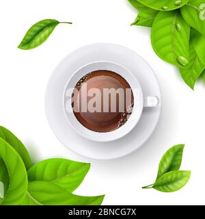 Modèle de fond de temps de thé avec des feuilles réalistes de vert vectoriel et une tasse de thé vue de dessus. Buvez dans une tasse, illustration du thé chaud de la tasse Illustration de Vecteur