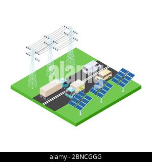 Concept de transmission de puissance ECO et vecteur isométrique de route isolé sur blanc Illustration de Vecteur