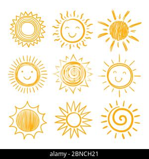 Esquissez des icônes solaires. Soleil tiré à la main. Lever du soleil en été. Symboles de réchauffement vecteur Doodle isolés. Illustration du croquis ensoleillé Illustration de Vecteur