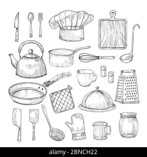 Outils de cuisson dessinés à la main. Équipement de cuisine ustensiles de cuisine vintage esquisse collection de vecteur. Illustration de l'équipement de ustensiles de cuisine, de la cuillère et du bol Illustration de Vecteur