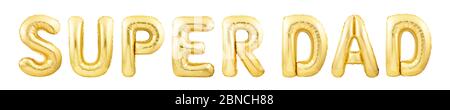 Mots Super Dad fait de ballons gonflables dorés isolés sur fond blanc. Concept de fête des pères Banque D'Images