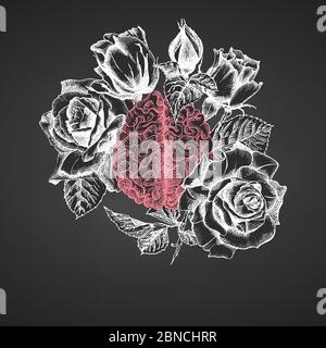 Cerveau avec bouquet de roses sur tableau noir icône réaliste dessinée à la main de l'organe interne humain et cadre de fleur. Esquisse style gravure médical post-viral Illustration de Vecteur