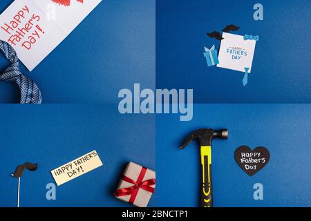 collage d'accessoires pour hommes, éléments décoratifs en papier, marteau, boîte cadeau et cartes de vœux avec lettrage happy pathers day Banque D'Images