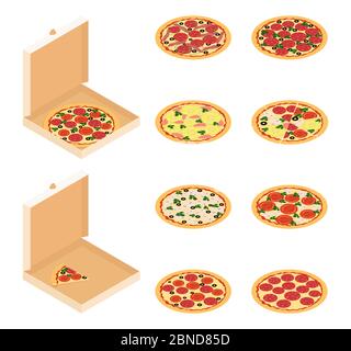Illustration vectorielle isométrique de pizza. Pizza dans une boîte et sans avec différentes options pour les ingrédients. Restauration rapide isolée sur un fond blanc. Illustration de Vecteur