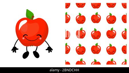 Personnage Apple. Joli fruit de dessin animé. Illustration isolée sur fond blanc. Motif fruits sans coutures. Banque D'Images