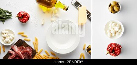 Collage d'assiette, bouteille d'huile d'olive, assiette de viande, râpe, pâtes et bols avec ingrédients sur blanc, photo panoramique Banque D'Images