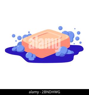 Barre de savon avec mousse isolée sur fond blanc. Illustration vectorielle plate. Savon à bulles. Savon rose pour le bain dans l'eau. Illustration de Vecteur