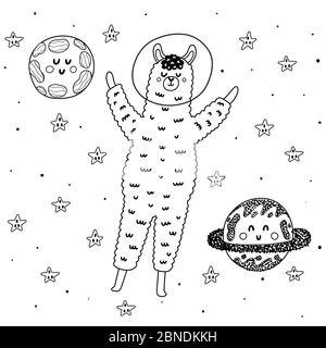 Llama astronaute dans la page de coloriage de l'espace Illustration de Vecteur