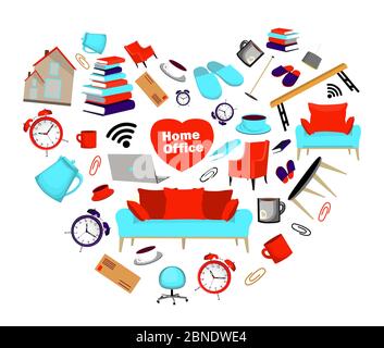 Restez à la maison. Ensemble d'éléments de maison et de travail. Autocollants du bureau à domicile. ISOLEMENT ET QUARANTAINE. Ordinateur portable, chaise, pantoufles, tasse. Illustration vectorielle isolée Illustration de Vecteur