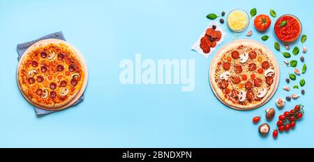 Préparation de la bannière de pizza au pepperoni avec de la pizza non cuite et des ingrédients, et les aliments cuits. Avant et après la préparation de la pizza. Authentique recette italienne. Banque D'Images