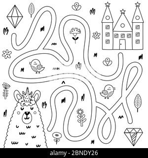 Aidez le roi llama à se rendre à son château. Jeu de labyrinthe noir et blanc pour les enfants Illustration de Vecteur