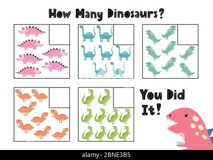 Combien de dinosaures voyez-vous. Compter et écrire la page d'activité de nombre Illustration de Vecteur