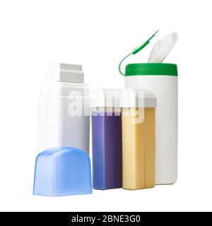 Réglage pour l'épilation sur fond blanc. Cartouches avec cire Banque D'Images