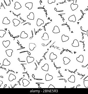 Je t'aime à l'expression et au coeur sans couture motif. Citations et symboles romantiques placés au hasard sur fond blanc. Texture d'emballage adaptée au Valentin Illustration de Vecteur