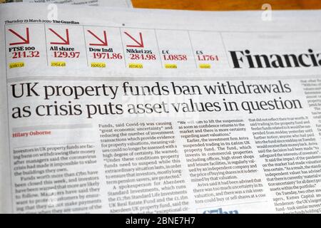 Journal financier Covid titre article clipping 'UK Property fonds Ban retraits as Crisis met la valeur des actifs en question" Londres Mars 2020 Royaume-Uni Banque D'Images