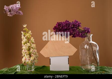 Encore la vie - maison en carton sur les feuilles vertes entre deux branches de fleurs en fleurs en verres au lieu des arbres et une branche en fleurs sous l'arbre Banque D'Images