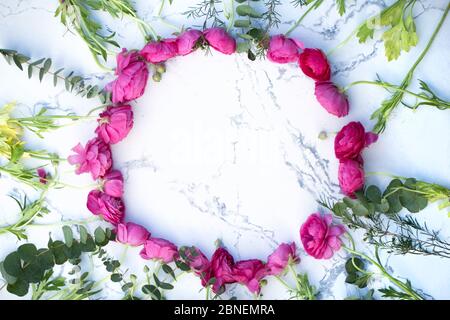 Belles fleurs roses avec tige verte et eucalyptus ranunculus sur le fond marmor Banque D'Images