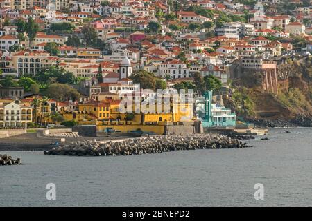 Funchal, Portugal - 10 novembre 2019: Centre historique (Zona Velha) avec le bord de mer de la baie de Funchal, fort de Sao Tiago, la tour du bar Banque D'Images