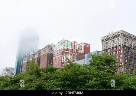 Arbres verts devant les anciens et les nouveaux bâtiments Michigan Avenue couverte à Fog à Chicago Banque D'Images