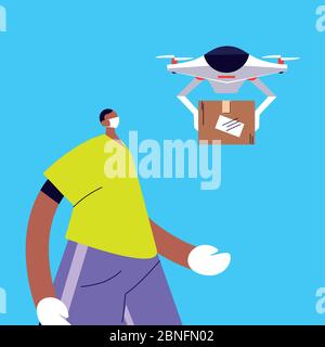 homme avec drone porte carton boîte vecteur illustration conception Illustration de Vecteur