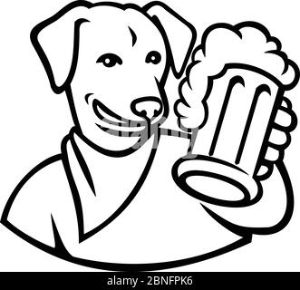 Illustration d'une mascotte sportive représentant un chien de laboratoire anglais ou du Labrador tenant une tasse à bière en brunissage vu de l'avant sur un fond isolé en noir et Wh Illustration de Vecteur