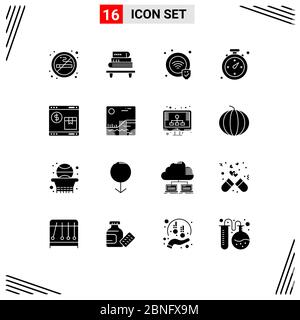 16 symboles universels de glyphe solide symboles de shopping, pack, protection, Internet, navigation Eléments de conception vectoriels modifiables Illustration de Vecteur