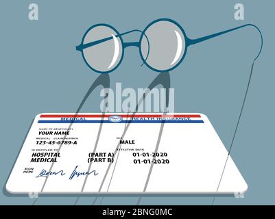 Une carte d'assurance maladie Medicare est vue avec une paire de lunettes à rebord de fil porté par les personnes âgées. Illustration de Vecteur