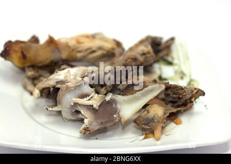 Gros plan d'os de poulet et de restes dans une assiette isolé sur fond blanc Banque D'Images