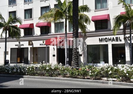 Beverly Hills, CA/USA - 8 mai 2020: Le célèbre hôtel de luxe et d'autres hôtels de Rodeo Drive sont fermés pendant la quarantaine de COVID-19 Banque D'Images