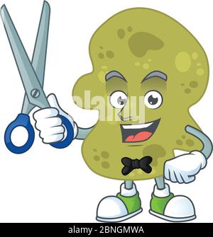 Une photo de la figure de la bande dessinée de barbier verrucomicrobia travaillant avec le ciseau Illustration de Vecteur