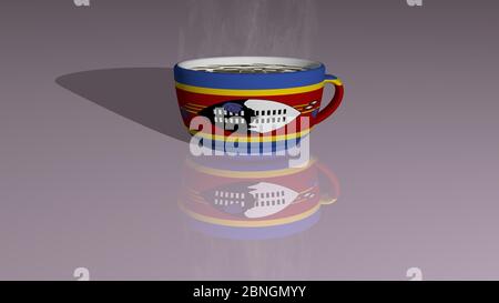 LE SWAZILAND a placé une tasse de café chaud dans une illustration 3D avec une perspective réaliste et des ombres reflétées sur le sol Banque D'Images