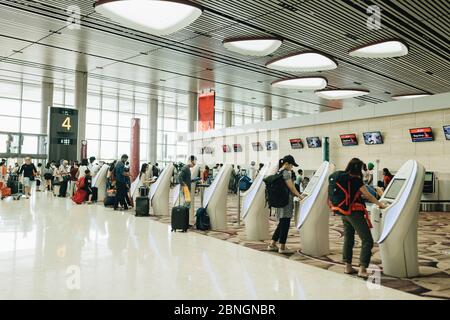 SINGAPOUR - juin 2019 : un voyageur se trouvant au kiosque d'enregistrement libre-service du terminal 4 de l'aéroport Changi de Singapour. L'aéroport de Changi est un aéroport civil majeur Banque D'Images