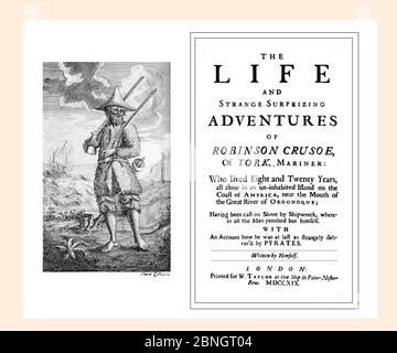 La vie et les aventures d'Alexander Selkirk la page de titre et la Frontispiece de Robinson Real Crusoe sont rafraîchies et reinitialis Banque D'Images